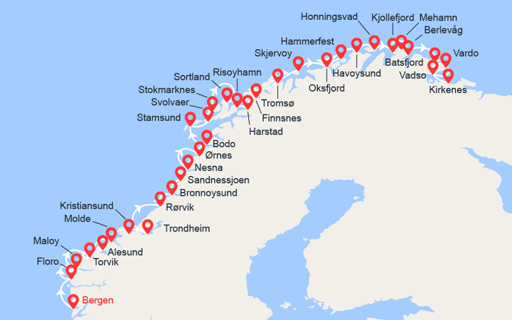 Carte itinéraire croisière La Norvège de Bergen à Kirkenes