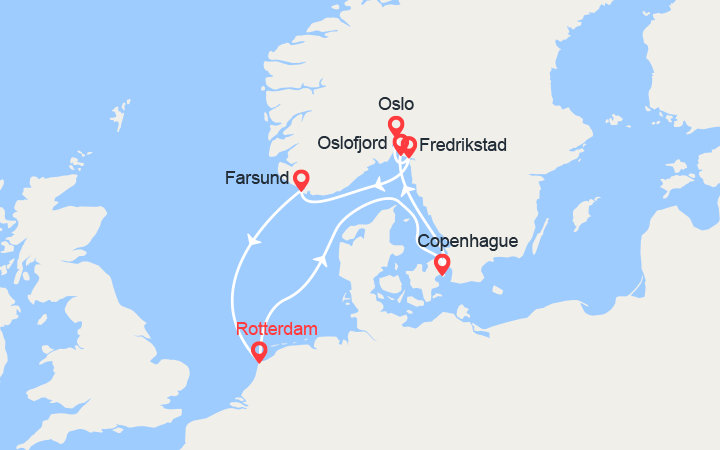 Carte itinéraire croisière La Saga Des Vikings: Rotterdam, Copenhagen