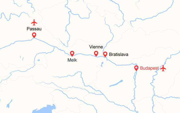 Carte itinéraire croisière Le beau Danube Bleu : Budapest, Bratislava, Vienne, Melk, Passau (BUM)