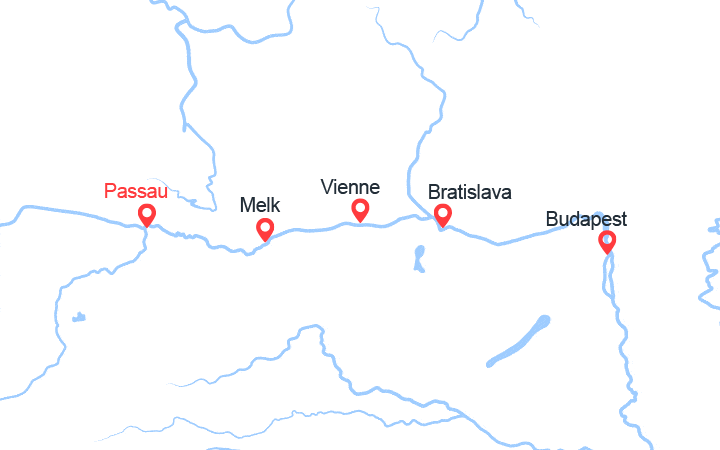 Carte itinéraire croisière Le Danube : Passau, Vienne, Budapest, Bratislava...