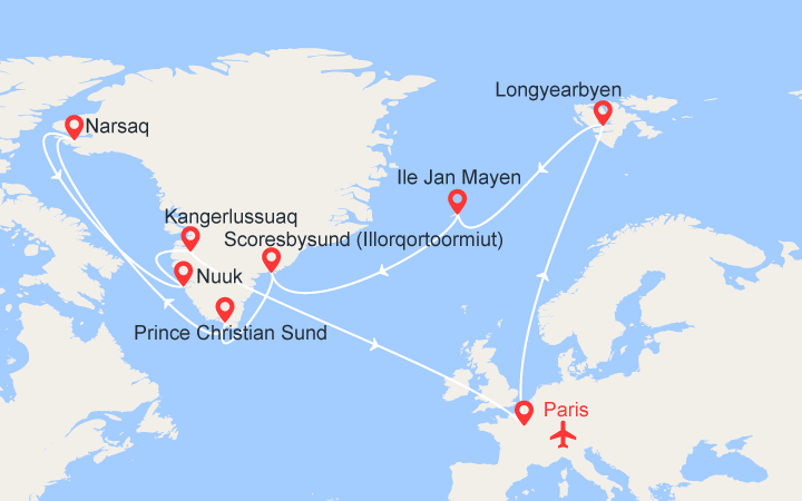 Carte itinéraire croisière Le Groenland des grands explorateurs
