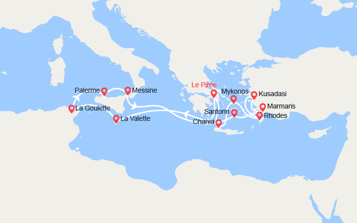 Carte itinéraire croisière Malte, Sicile, Turquie, Iles grecques