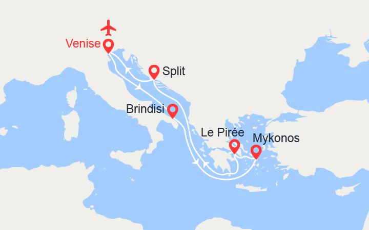 Carte itinéraire croisière Monténégro, Iles grecques, Italie || Vols inclus
