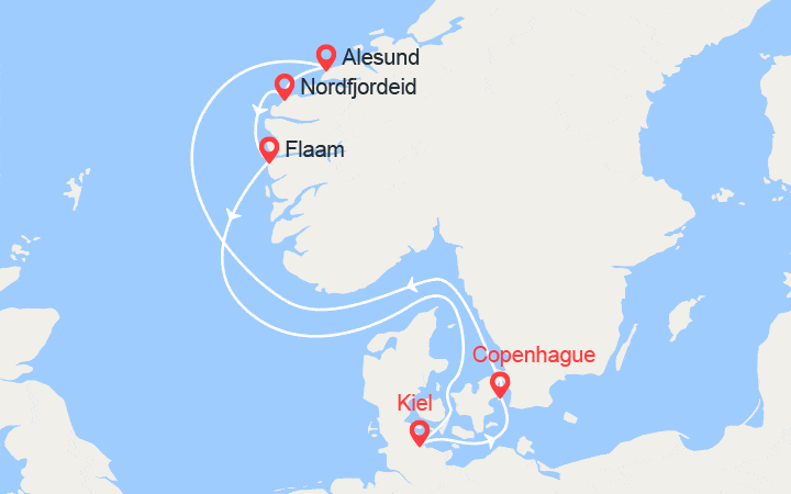 Carte itinéraire croisière Norvège : Alesund, Nordfjordeid, Flam