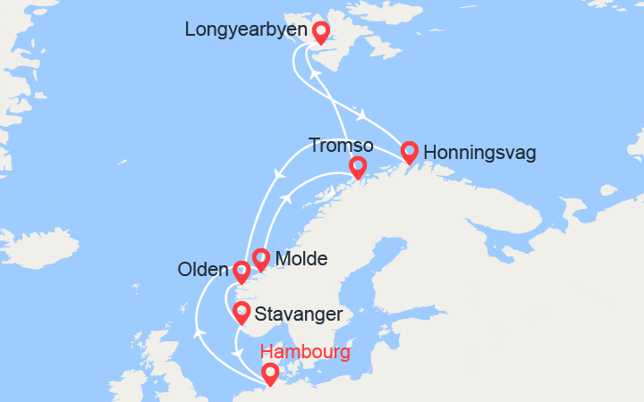 Carte itinéraire croisière Norvège, Spitzberg, Cap Nord