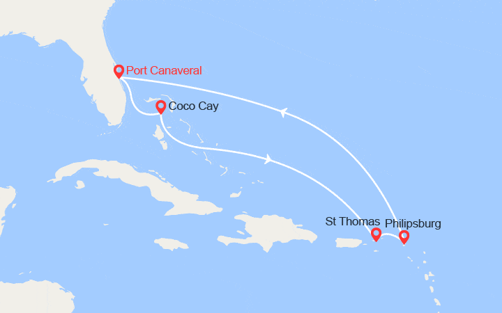 Carte itinéraire croisière Orlando, Bahamas, Cozumel