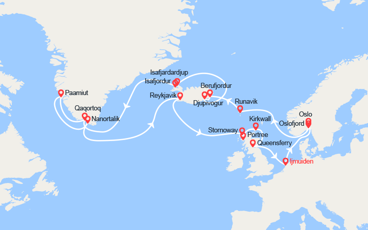 Carte itinéraire croisière Pays de Vikings : Norvège, Islande, Groenland, Ecosse