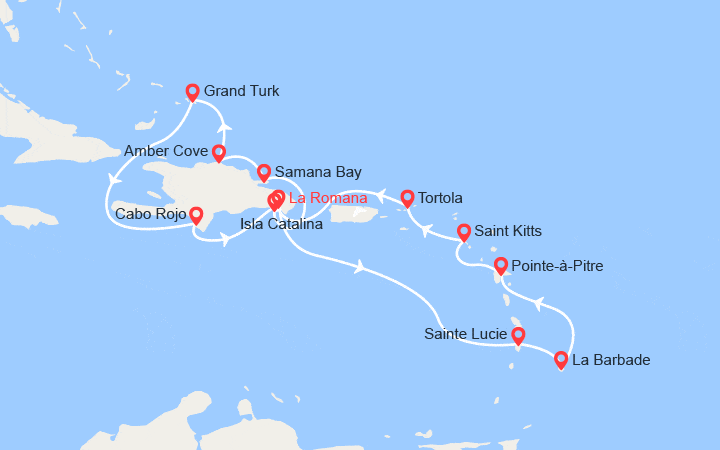 Carte itinéraire croisière Rép.Dominicaine, Turks et Caïcos, Antilles, Iles Vierges..