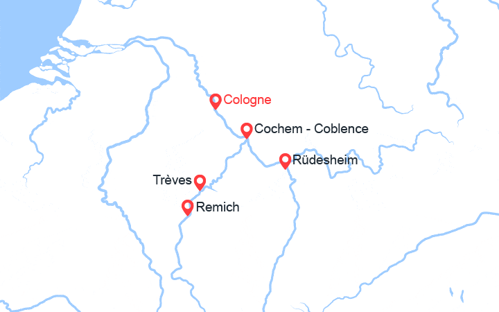 Carte itinéraire croisière Route des vins sur la Moselle et le Rhin