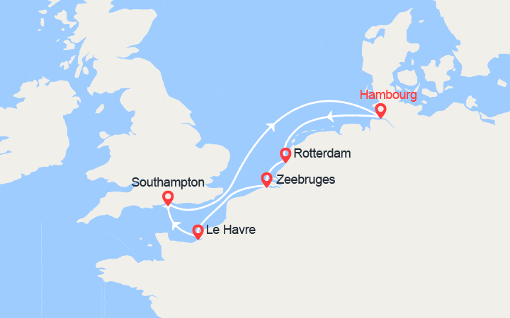 Carte itinéraire croisière Royaume-Uni, Allemagne, Pays-Bas, Belgique, France