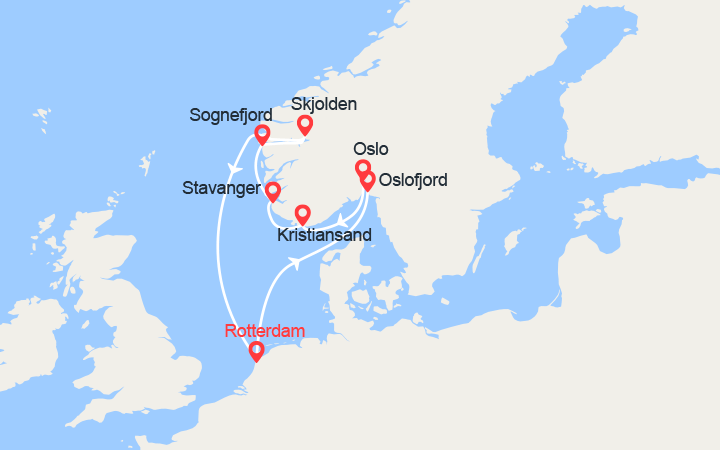 Carte itinéraire croisière Sagas Vikings: Oslo, Kristiansand, Stavanger, Sognefjord...