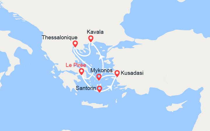 Carte itinéraire croisière Santorin, Ephèse, Mykonos, Kavala, Thessalonique