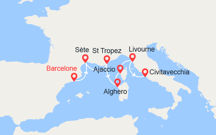 Carte itinéraire croisière Sète, Saint-Tropez, Alghero, Ajaccio, Livourne