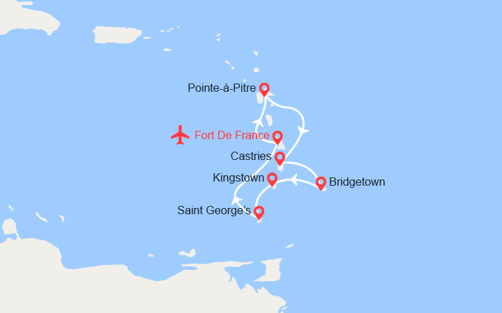 Carte itinéraire croisière Ste Lucie, Barbade, St Vincent, Grenade - Vols inclus