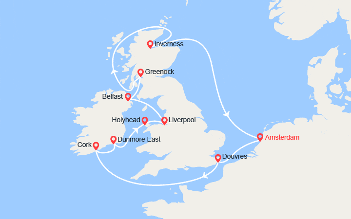 Carte itinéraire croisière Terres celtiques : Angleterre, Irlande, Pays de Galles, Écosse