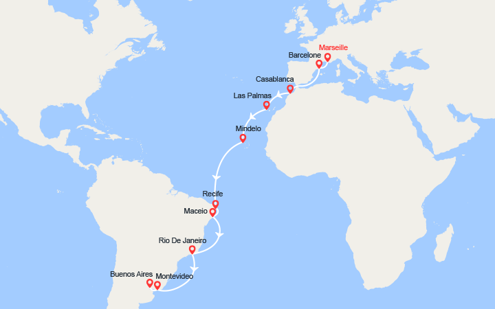 Carte itinéraire croisière Tour du Monde 2025 : de Marseille a Buenos Aires