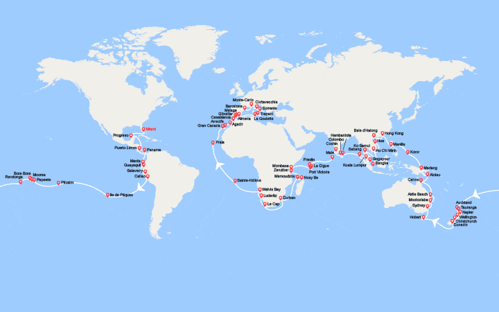 Carte itinéraire croisière Tour du Monde 2026