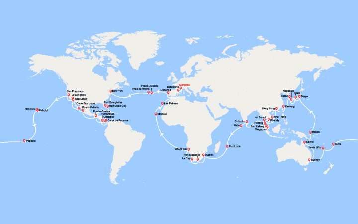 Carte itinéraire croisière Tour du Monde 2027 au départ de Marseille