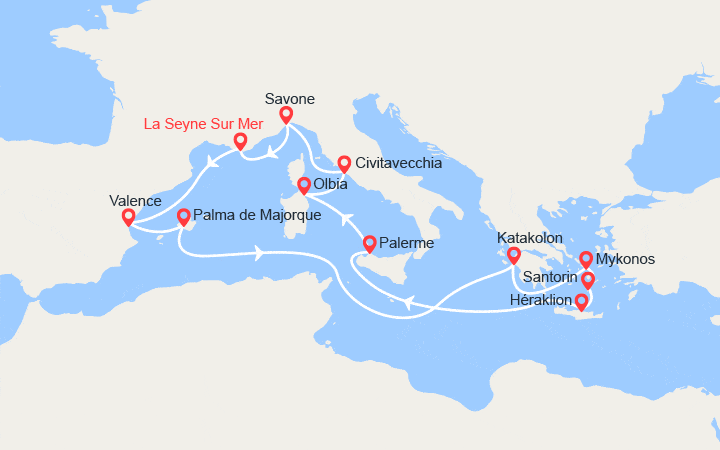Carte itinéraire croisière Toute la Méditerranée : Majorque, Iles grecques, Sicile, Sardaigne...