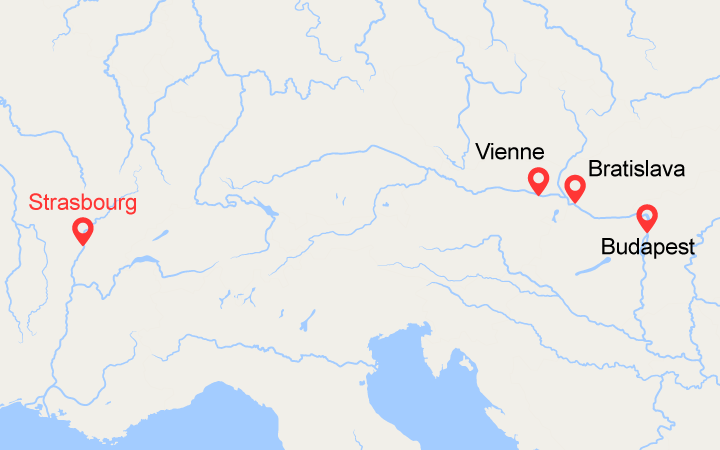Carte itinéraire croisière Traditions de noël des trois grandes capitales du Danube : Vienne, Budapest, Bratislava (MVI)