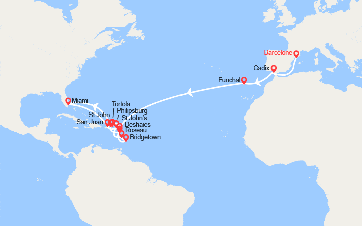 Carte itinéraire croisière Transatlantique, de Barcelone à Miami : Madère, Caraïbes et Antilles