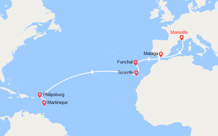 Carte itinéraire croisière Transatlantique de Marseille à Fort-deFrance