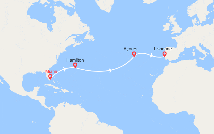 Carte itinéraire croisière Transatlantique : de Miami à Lisbonne