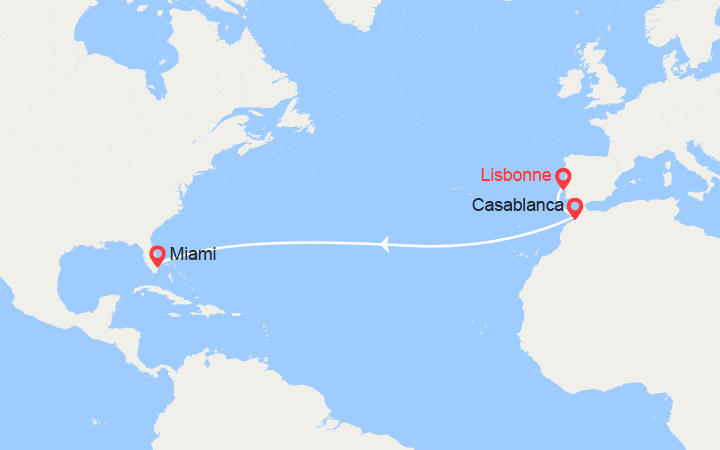 Carte itinéraire croisière Transatlantique : Portugal, Maroc, États-Unis