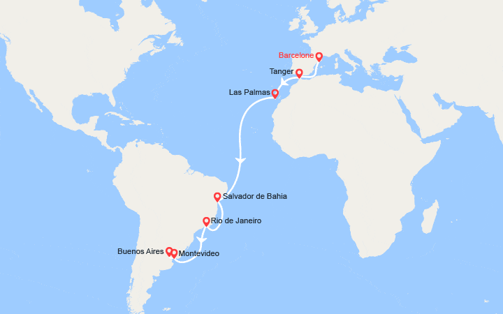 Carte itinéraire croisière Transatlantique vers l'Amérique du Sud: de Barcelone à Buenos Aires