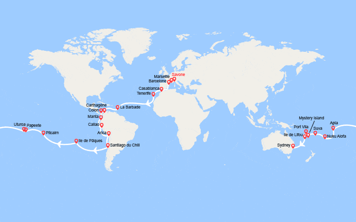 Carte itinéraire croisière Tronçon du Tour du Monde 2026 : de Savone à Sydney