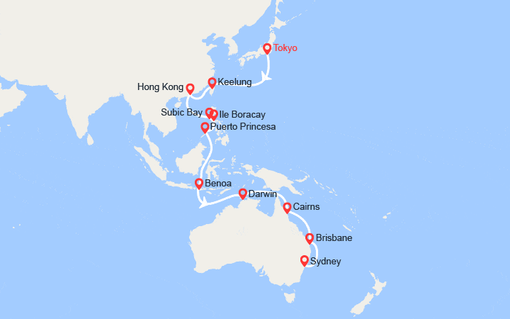 Carte itinéraire croisière Tronçon du Tour du Monde 2026 : de Tokyo à Sydney