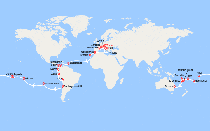 Carte itinéraire croisière Tronçon du Tour du Monde 2026 : de Trieste à Sydney