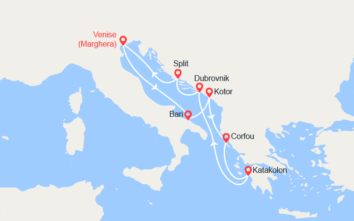 Carte itinéraire croisière Venise, Italie, Monténégro, îles Grecques, Croatie