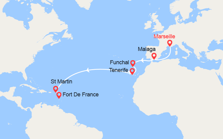 Carte itinéraire croisière Vers les Caraïbes: de Marseille à Fort-de-France