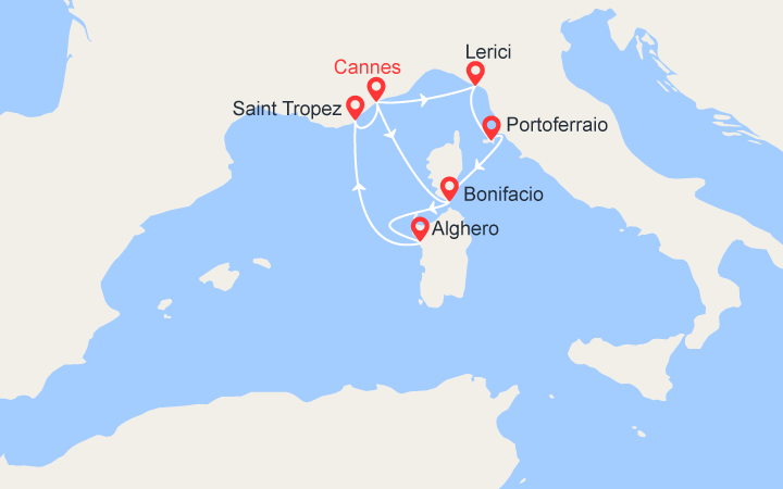 Carte itinéraire croisière Voiles de Saint-Tropez : Elbe, Corse, Sargaigne, St Tropez