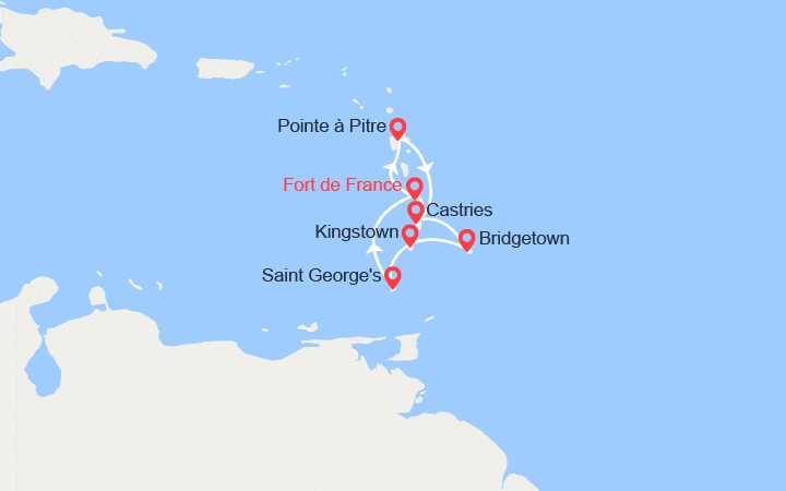Carte itinéraire croisière Martinique, Guadeloupe, Sainte-Lucie, Barbade, Saint-Vincent-et-les-Grenadines, Grenade