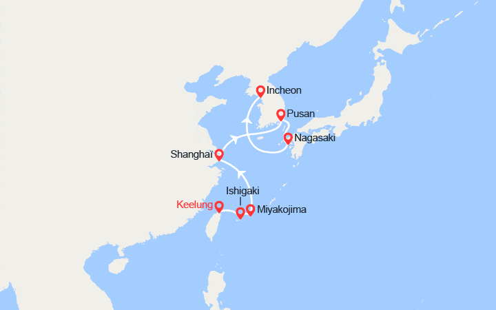 Carte itinéraire croisière Taïwan, Japon, Chine, Corée du Sud