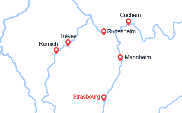Carte itinéraire croisière 4 Fleuves : Les Vallées du Neckar, du Rhin Romantique, de la Moselle et de la Sarre (SBR)
