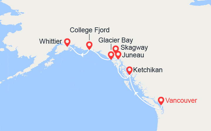 Carte itinéraire croisière Alaska et Canada : Vancouver, Juneau, Skagway et Anchorage