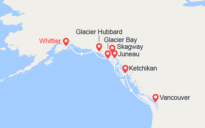 Carte itinéraire croisière Alaska et la Baie des Glacier : du Whittier à Vancouver