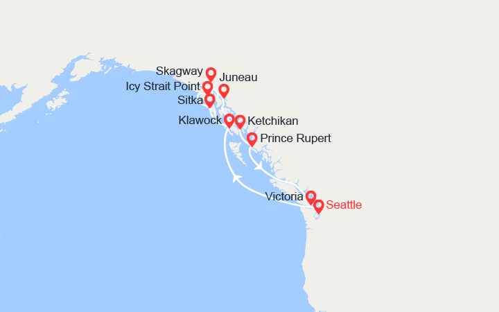 Carte itinéraire croisière Alaska : Klawock, Sitka, Skagway, Juneau, Ketchikan