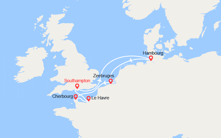 Carte itinéraire croisière Allemagne, Belgique, France au départ du Royaume-Uni