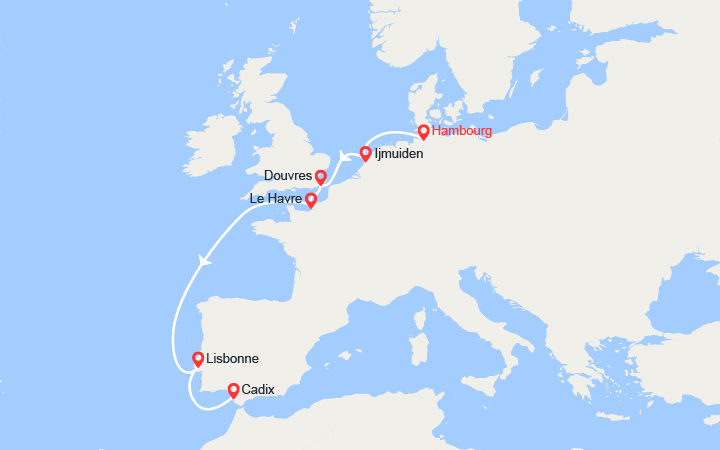 Carte itinéraire croisière Allemagne, Grande-Bretagne, France, Portugal, Espagne, Canaries