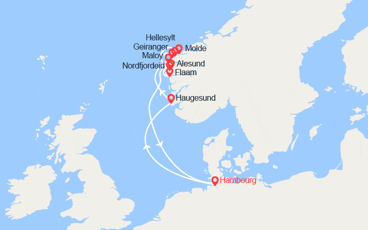 Carte itinéraire croisière Allemagne, Norvège