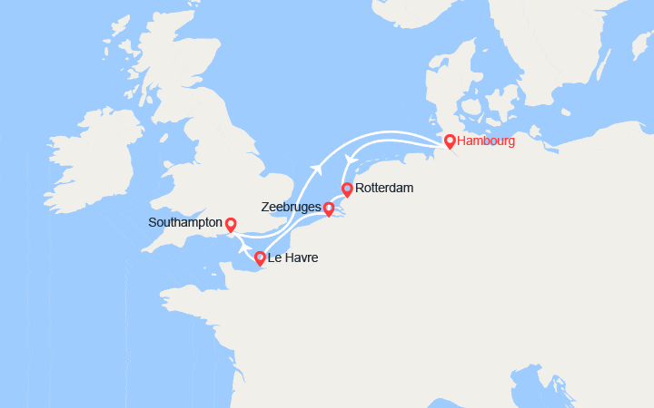 Carte itinéraire croisière Allemagne, Pays-Bas, Belgique, France..