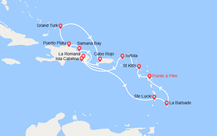 Carte itinéraire croisière Antilles, Iles Vierges, Rép.Dominicaine, ÏleTurks et Caïques