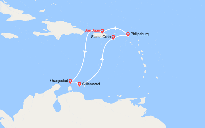 Carte itinéraire croisière Aruba, Curaçao, Iles Vierges Américaines, St Martin, Porto Rico