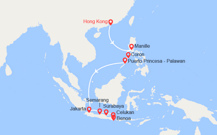 Carte itinéraire croisière Asie du Sud-Est : Hong Kong, Chine, Philippines, Indonésie