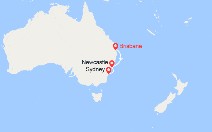 Carte itinéraire croisière Australie : Brisbane, Newcastle, Sydney