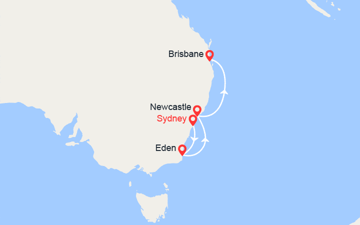 Carte itinéraire croisière Australie : Sydney, Eden, Newcastle, Brisbane